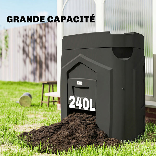 Composteur de jardin, 240L, bac à compost extérieur, triangulaire, 78 x 75 x 78 cm, en polypropylène, avec 3 Portes, 66 Aérations et Fond Ouvert, Inclus Gants et Tournevis, Noir