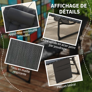 Bain de soleil, chaise longue pliante avec coussin, appuie-tête, poche latérale, textilène, transat jardin extérieur inclinable de plage camping piscine terrasse 58 x 189 x 32,5 cm noir