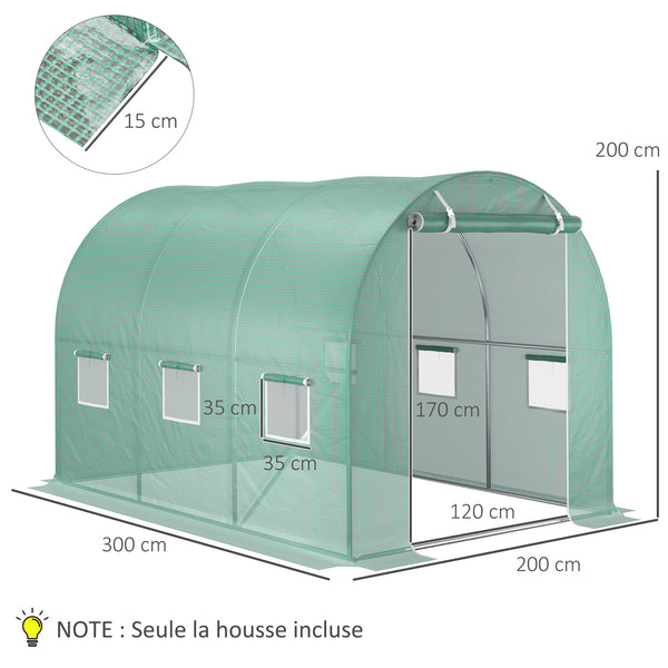 Bâche de Rechange Serre Tunnel 6 m², bâche 3 x 2 x 2 m PE Anti-UV imperméable 6 fenêtres + Porte Enroulable zippée Vert