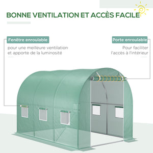 Bâche de Rechange Serre Tunnel 6 m², bâche 3 x 2 x 2 m PE Anti-UV imperméable 6 fenêtres + Porte Enroulable zippée Vert