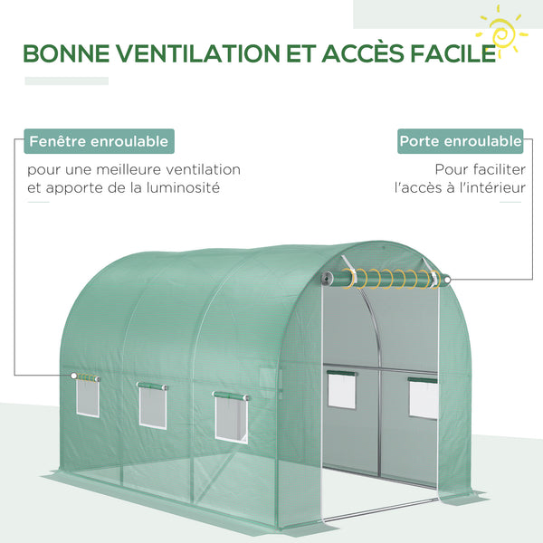 Bâche de Rechange Serre Tunnel 6 m², bâche 3 x 2 x 2 m PE Anti-UV imperméable 6 fenêtres + Porte Enroulable zippée Vert