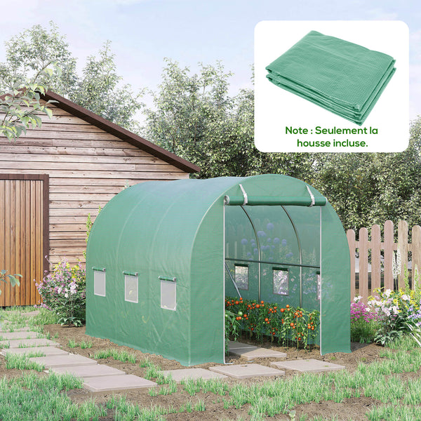 Bâche de Rechange Serre Tunnel 6 m², bâche 3 x 2 x 2 m PE Anti-UV imperméable 6 fenêtres + Porte Enroulable zippée Vert