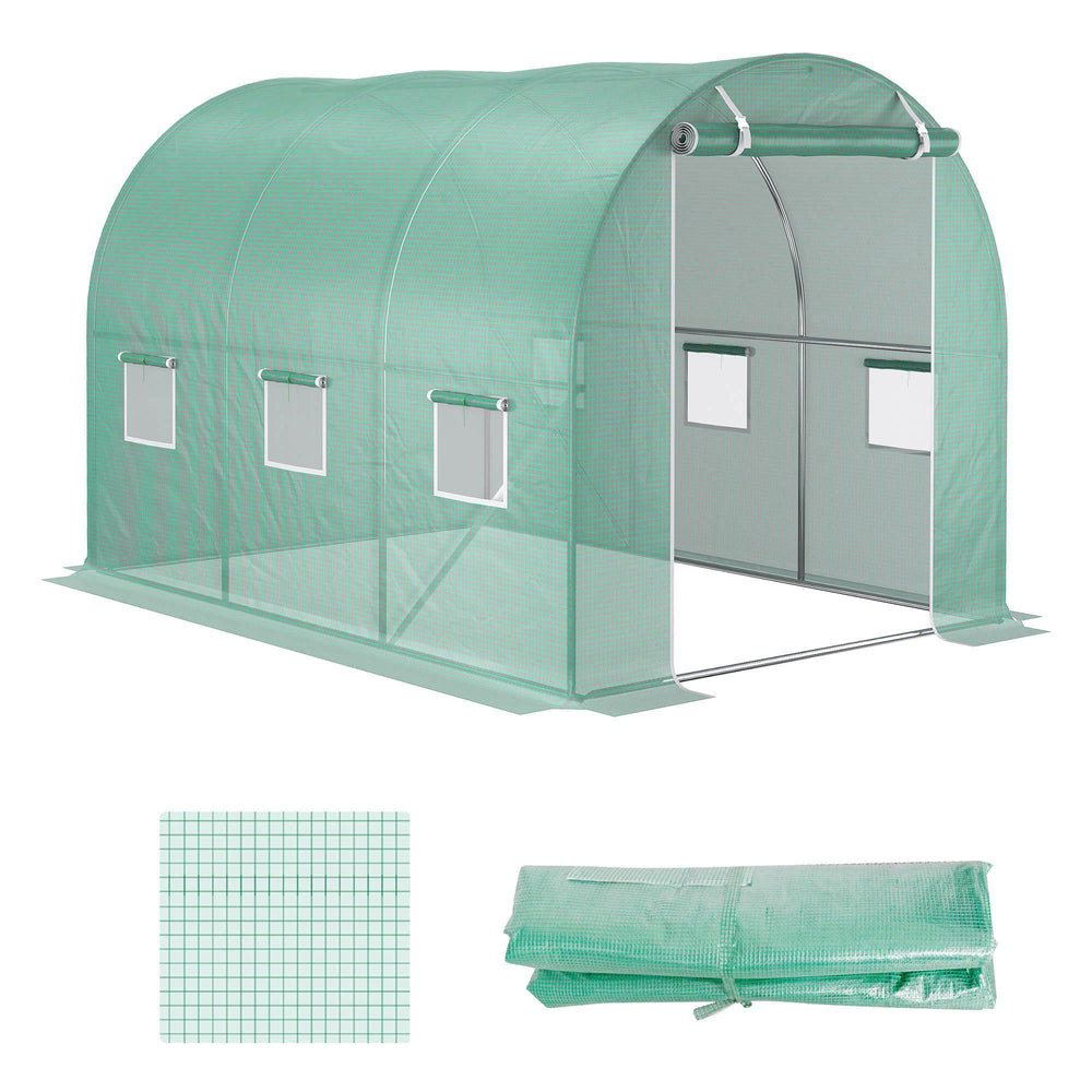 Bâche de Rechange Serre Tunnel 6 m², bâche 3 x 2 x 2 m PE Anti-UV imperméable 6 fenêtres + Porte Enroulable zippée Vert