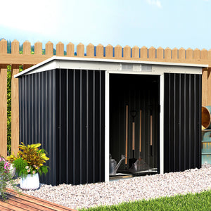 Abri de Jardin 3,6 m² Remise à Outils avec kit de fondation en Acier galvanisé avec Portes coulissantes, dim. 280L x 130l x 172H cm, Gris-Noir
