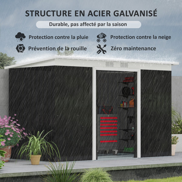 Abri de Jardin 3,6 m² Remise à Outils avec kit de fondation en Acier galvanisé avec Portes coulissantes, dim. 280L x 130l x 172H cm, Gris-Noir