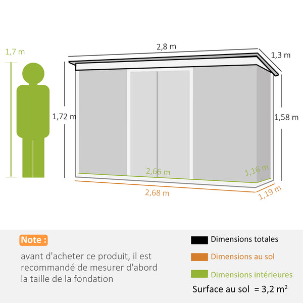 Abri de Jardin 3,6 m² Remise à Outils avec kit de fondation en Acier galvanisé avec Portes coulissantes, dim. 280L x 130l x 172H cm, Gris-Noir