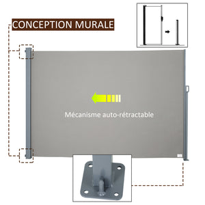 Store latéral brise-vue rétractable 300 x 160 cm, paravent extérieur en aluminium, protection solaire, brise-vue extensible pour balcon, jardin, terrasse, gris