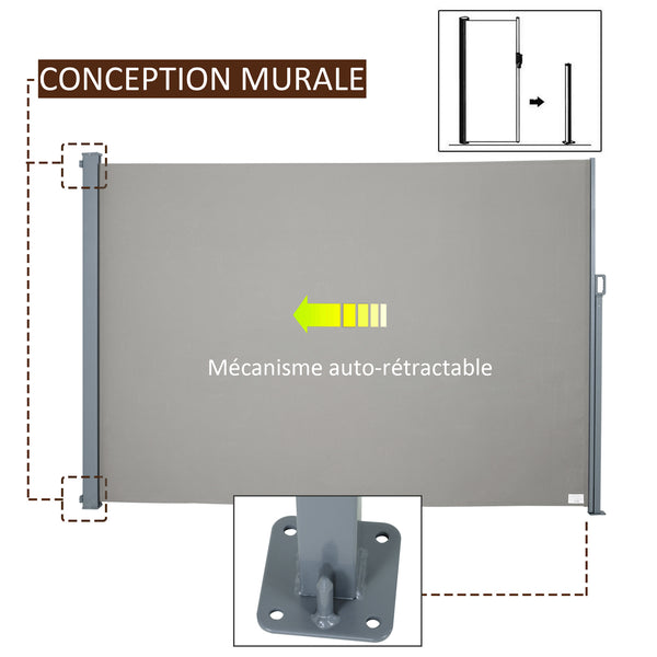 Store latéral brise-vue rétractable 300 x 160 cm, paravent extérieur en aluminium, protection solaire, brise-vue extensible pour balcon, jardin, terrasse, gris