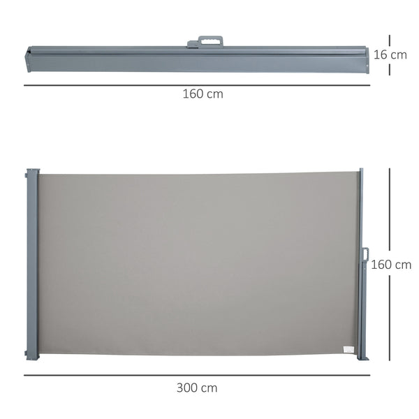 Store latéral brise-vue rétractable 300 x 160 cm, paravent extérieur en aluminium, protection solaire, brise-vue extensible pour balcon, jardin, terrasse, gris