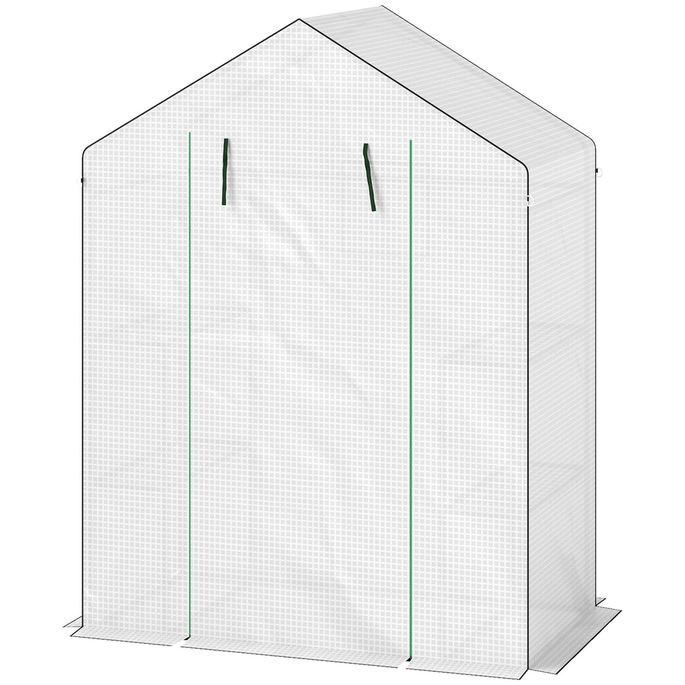 Serre de jardin PE avec étagères 3 niveaux, serre de balcon, bâche renforcée 135 g/m², châssis en acier, porte zippée enroulable, pour légumes plantes fleurs, 140x73x190 cm, blanc