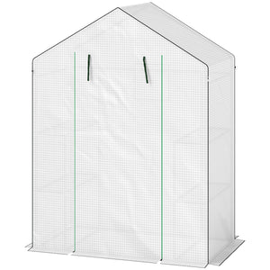 Serre de jardin PE avec étagères 3 niveaux, serre de balcon, bâche renforcée 135 g/m², châssis en acier, porte zippée enroulable, pour légumes plantes fleurs, 140x73x190 cm, blanc