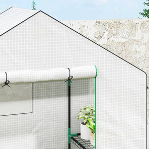 Serre de jardin PE avec étagères 3 niveaux, serre de balcon, bâche renforcée 135 g/m², châssis en acier, porte zippée enroulable, pour légumes plantes fleurs, 140x73x190 cm, blanc