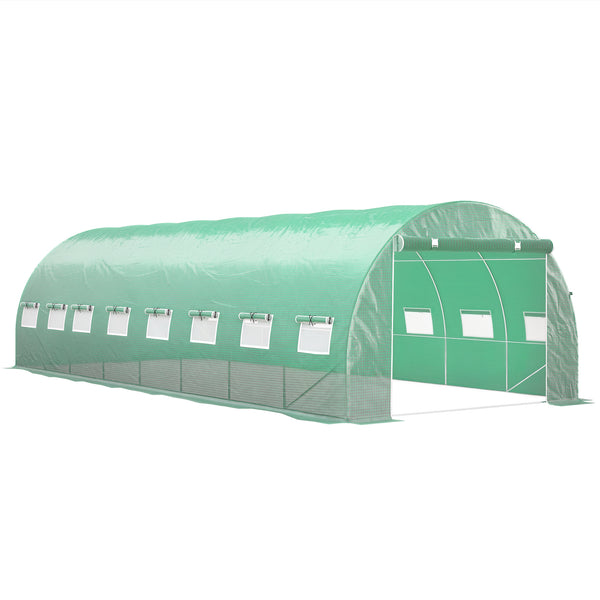 Serre de jardin tunnel 24m² 8L x 3l x 2H m - 16 fenêtres, Porte zippée Enroulable - châssis Tubulaire Acier galvanisé, bâche PE Haute densité Vert