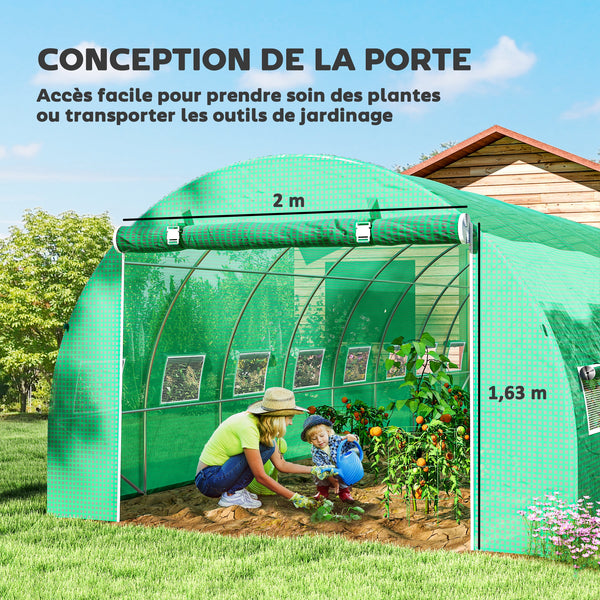 Serre de jardin tunnel 24m² 8L x 3l x 2H m - 16 fenêtres, Porte zippée Enroulable - châssis Tubulaire Acier galvanisé, bâche PE Haute densité Vert