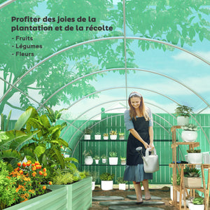 Serre de jardin tunnel 24m² 8L x 3l x 2H m - 16 fenêtres, Porte zippée Enroulable - châssis Tubulaire Acier galvanisé, bâche PE Haute densité Vert