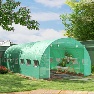 Serre de jardin tunnel 24m² 8L x 3l x 2H m - 16 fenêtres, Porte zippée Enroulable - châssis Tubulaire Acier galvanisé, bâche PE Haute densité Vert
