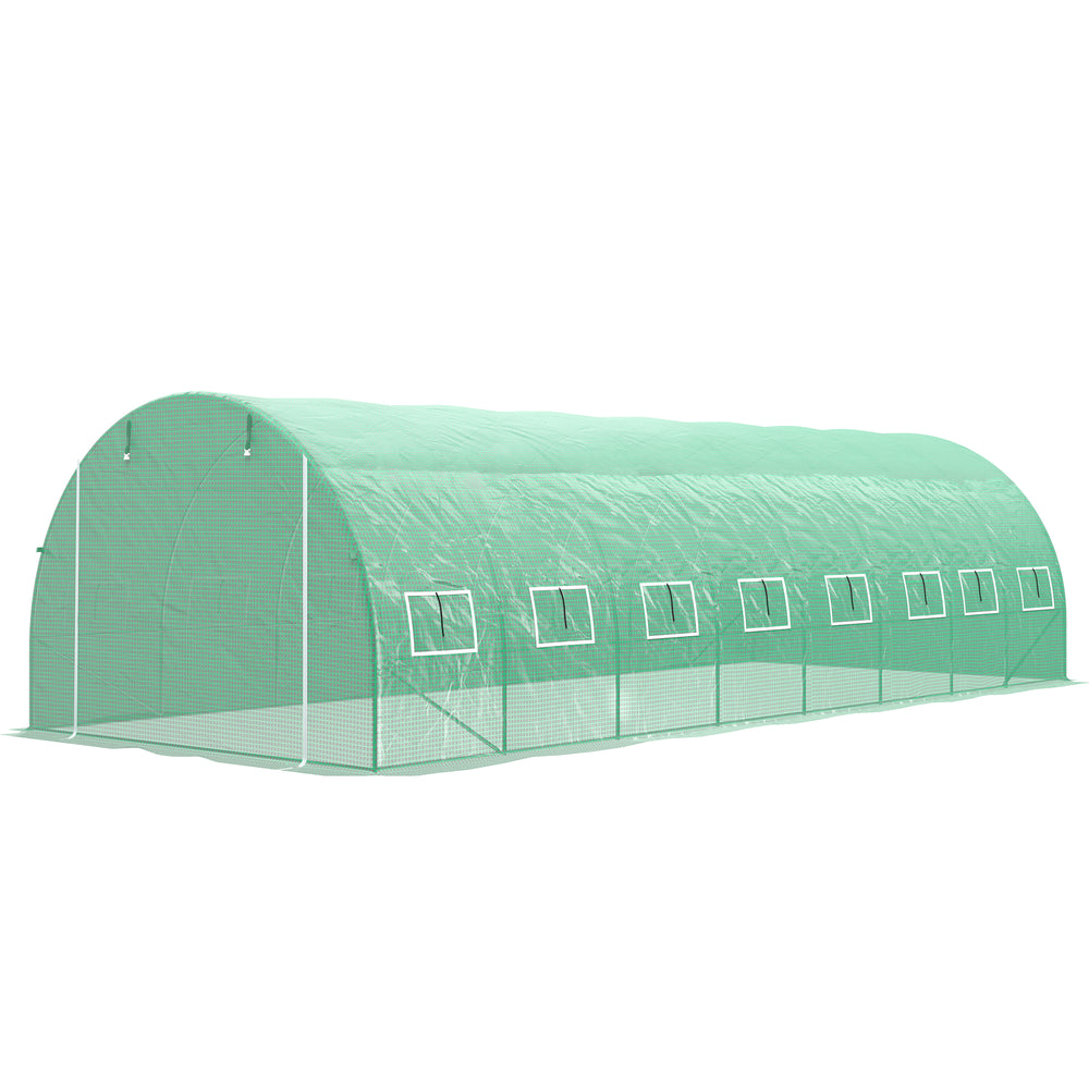 Serre de jardin tunnel 24m² 8L x 3l x 2H m - 16 fenêtres, Porte zippée Enroulable - châssis Tubulaire Acier galvanisé, bâche PE Haute densité Vert