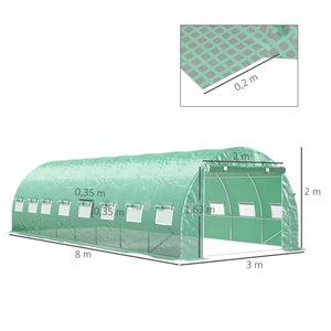 Serre de jardin tunnel 24m² 8L x 3l x 2H m - 16 fenêtres, Porte zippée Enroulable - châssis Tubulaire Acier galvanisé, bâche PE Haute densité Vert