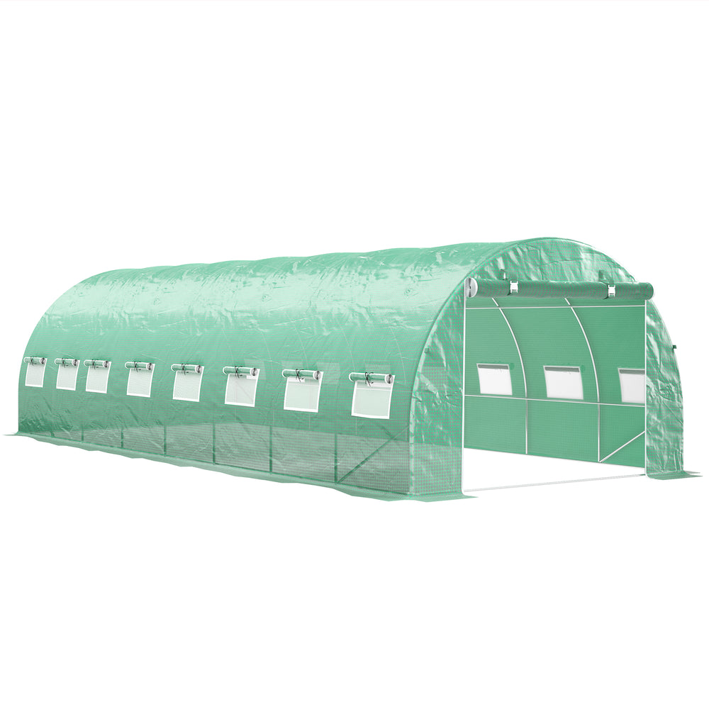 Serre de jardin tunnel 24m² 8L x 3l x 2H m - 16 fenêtres, Porte zippée Enroulable - châssis Tubulaire Acier galvanisé, bâche PE Haute densité Vert