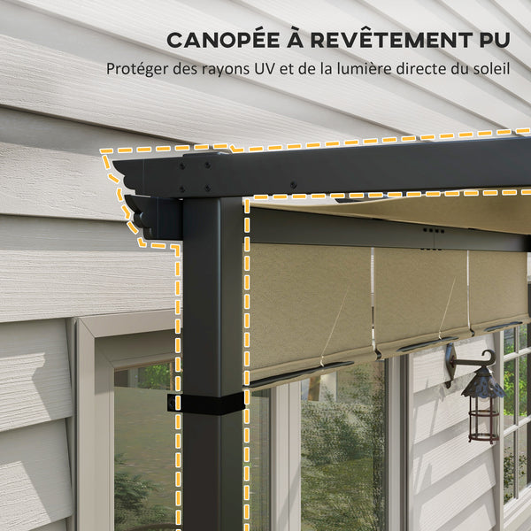 Pergola avec 3 toiles coulissantes 3 x 3 x 2,38 m structure acier noir toile polyester haute densité beige