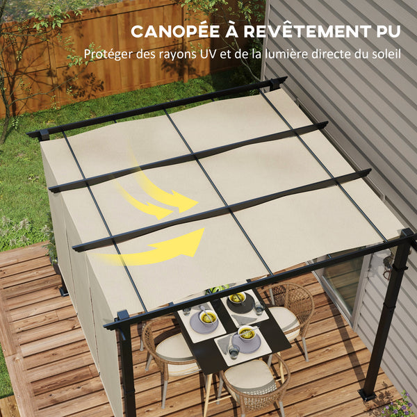 Pergola avec 3 toiles coulissantes 3 x 3 x 2,38 m structure acier noir toile polyester haute densité beige