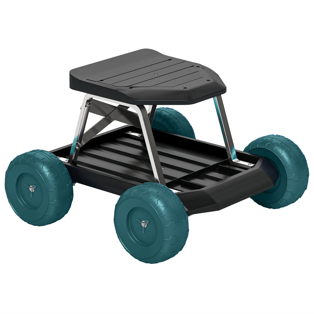 Siège de jardin sur roues tabouret de jardinage plateau à outils chariot jardinage avec siège pour désherber, planter, 50 x 49 x 32 cm vert foncé