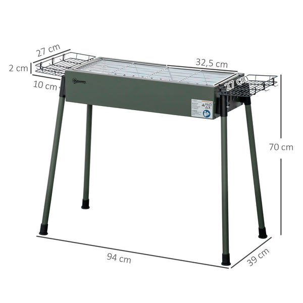 Barbecue au charbon de bois avec 2 grilles, Portable BBQ Grill sur Pieds amovibles et 2 paniers latéraux, 94L x 39l x 70H cm, vert foncé