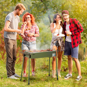 Barbecue au charbon de bois avec 2 grilles, Portable BBQ Grill sur Pieds amovibles et 2 paniers latéraux, 94L x 39l x 70H cm, vert foncé