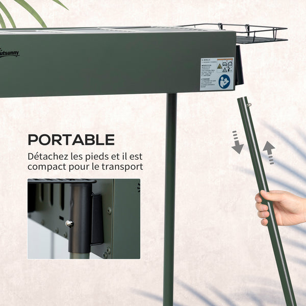 Barbecue au charbon de bois avec 2 grilles, Portable BBQ Grill sur Pieds amovibles et 2 paniers latéraux, 94L x 39l x 70H cm, vert foncé