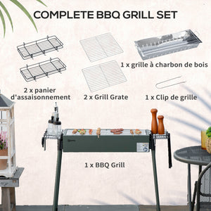 Barbecue au charbon de bois avec 2 grilles, Portable BBQ Grill sur Pieds amovibles et 2 paniers latéraux, 94L x 39l x 70H cm, vert foncé