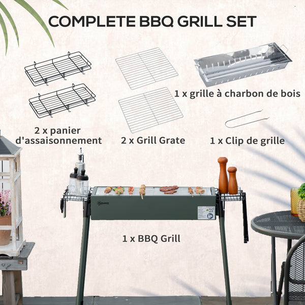 Barbecue au charbon de bois avec 2 grilles, Portable BBQ Grill sur Pieds amovibles et 2 paniers latéraux, 94L x 39l x 70H cm, vert foncé