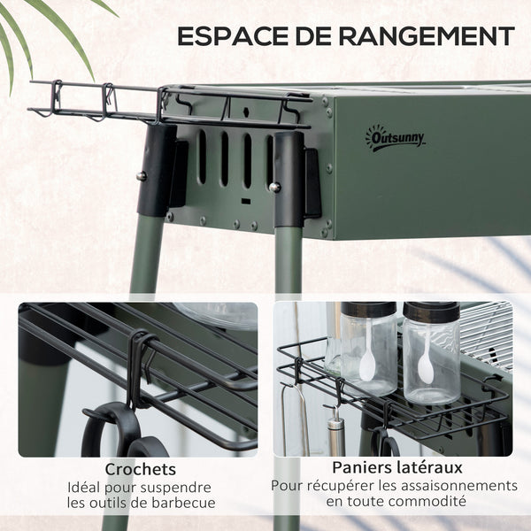 Barbecue au charbon de bois avec 2 grilles, Portable BBQ Grill sur Pieds amovibles et 2 paniers latéraux, 94L x 39l x 70H cm, vert foncé