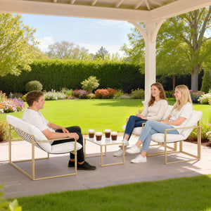 Salon de jardin extérieur 4 pièces avec coussins ultra-épais 15cm - ensemble mobilier de jardin et salon bas pour terrasse - canapé 2 places avec table basse et 2 fauteuils, cadre acier kaki