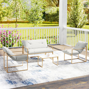Salon de jardin extérieur 4 pièces avec coussins ultra-épais 15cm - ensemble mobilier de jardin et salon bas pour terrasse - canapé 2 places avec table basse et 2 fauteuils, cadre acier kaki
