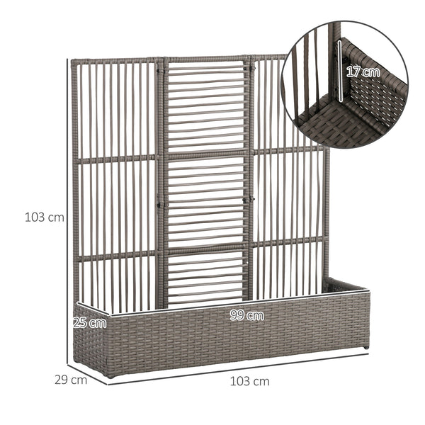 Jardinière avec treillis jardinière sur pied support pour plantes avec treillis bac à fleurs rectangulaire en résine tressée PE et acier dim. 103L x 29l x 103H cm gris