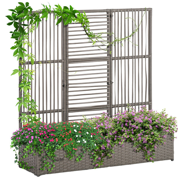 Jardinière avec treillis jardinière sur pied support pour plantes avec treillis bac à fleurs rectangulaire en résine tressée PE et acier dim. 103L x 29l x 103H cm gris