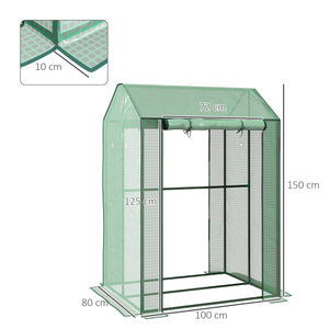 Serre de jardin PE, serre de balcon, bâche renforcée 135 g/m², châssis en acier, 2 portes zippées enroulables, pour légumes plantes fleurs, intérieur et extérieur, 100 x 80 x 150 cm vert
