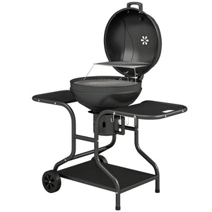 Barbecue à charbon Rond avec couvercle Barbecue Rond Extérieur avec Thermomètre, Tables Latérales, Étagère Inférieure, Roues pour Jardin, Terrasse, Noir