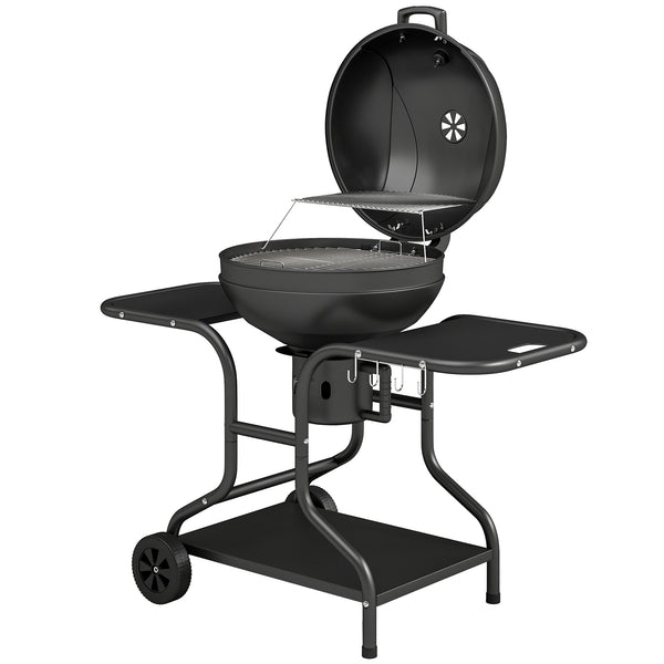 Barbecue à charbon Rond avec couvercle Barbecue Rond Extérieur avec Thermomètre, Tables Latérales, Étagère Inférieure, Roues pour Jardin, Terrasse, Noir