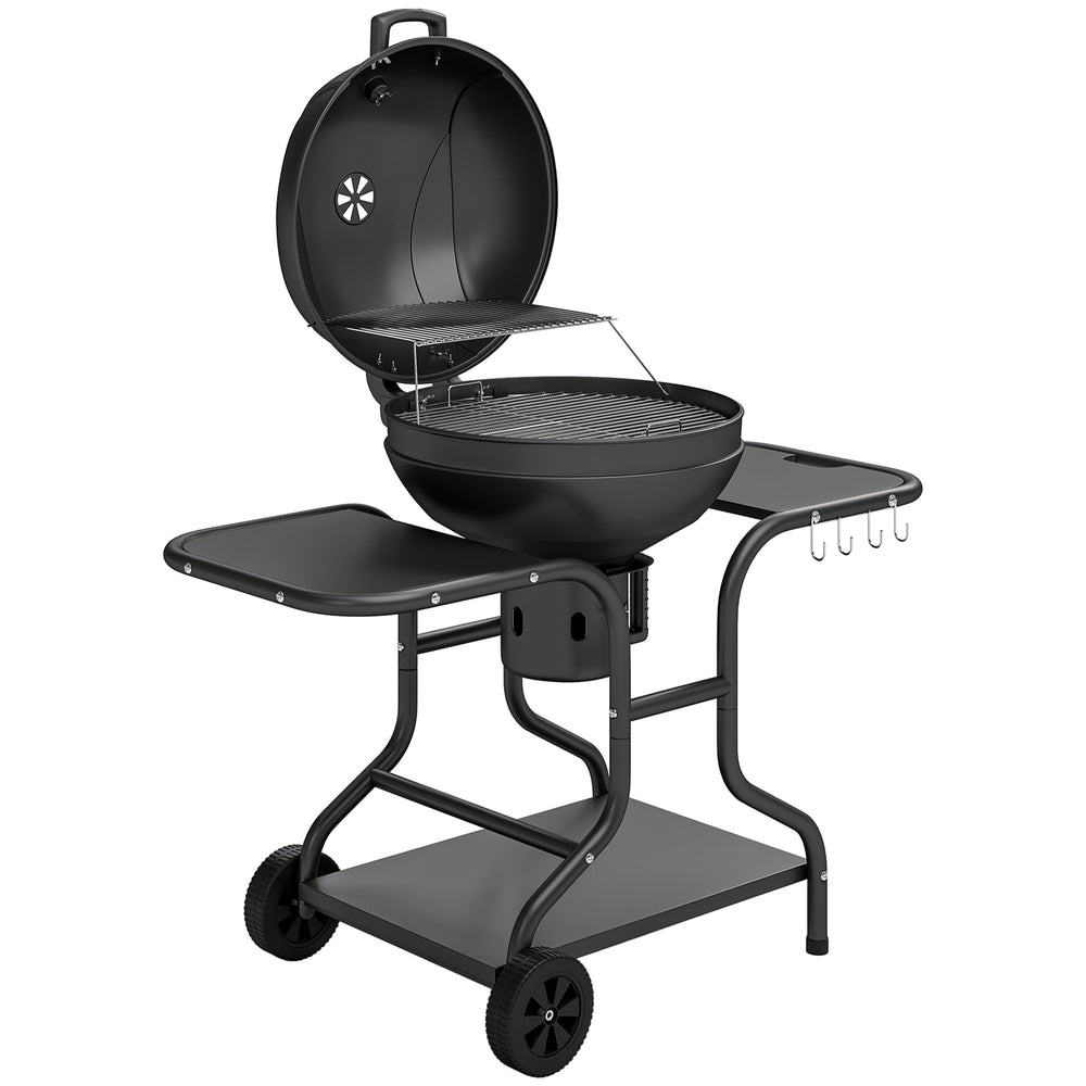 Barbecue à charbon Rond avec couvercle Barbecue Rond Extérieur avec Thermomètre, Tables Latérales, Étagère Inférieure, Roues pour Jardin, Terrasse, Noir