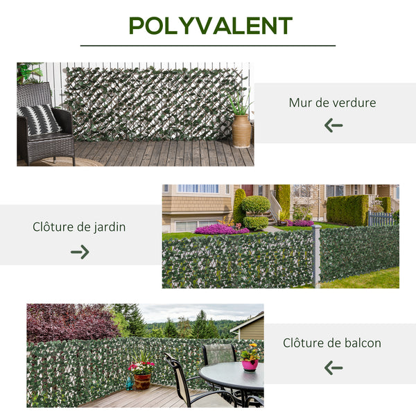 Haie artificielle feuilles murale brise-vue 2 panneaux longueur ajustable 295 x 70 cm treillis extensible feuillage réaliste en PE vert