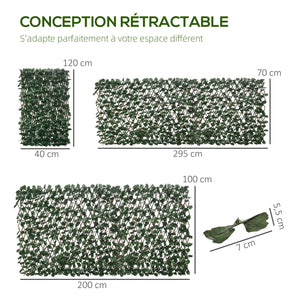 Haie artificielle feuilles murale brise-vue 2 panneaux longueur ajustable 295 x 70 cm treillis extensible feuillage réaliste en PE vert