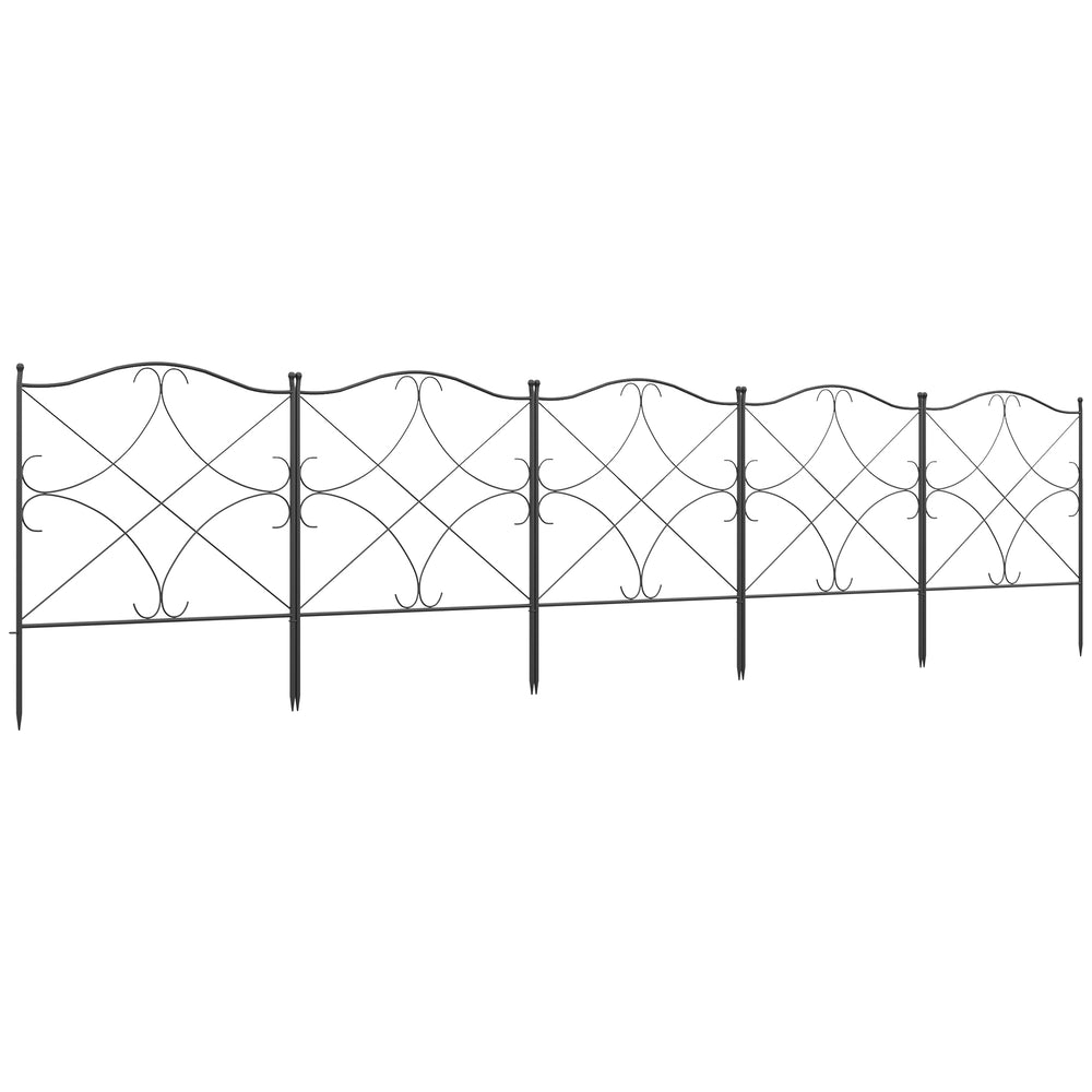 Lot de 5 clôtures de jardin décoratives en métal avec ornements - 305 x 62 cm noir