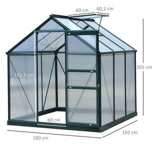 Serre de jardin polycarbonate 3,65 m² serre en aluminium pour le jardin 190 x 192 x 201 cm résistant aux UV, avec fondation renforcé, gouttière, lucarne et porte coulissant, Vert foncé