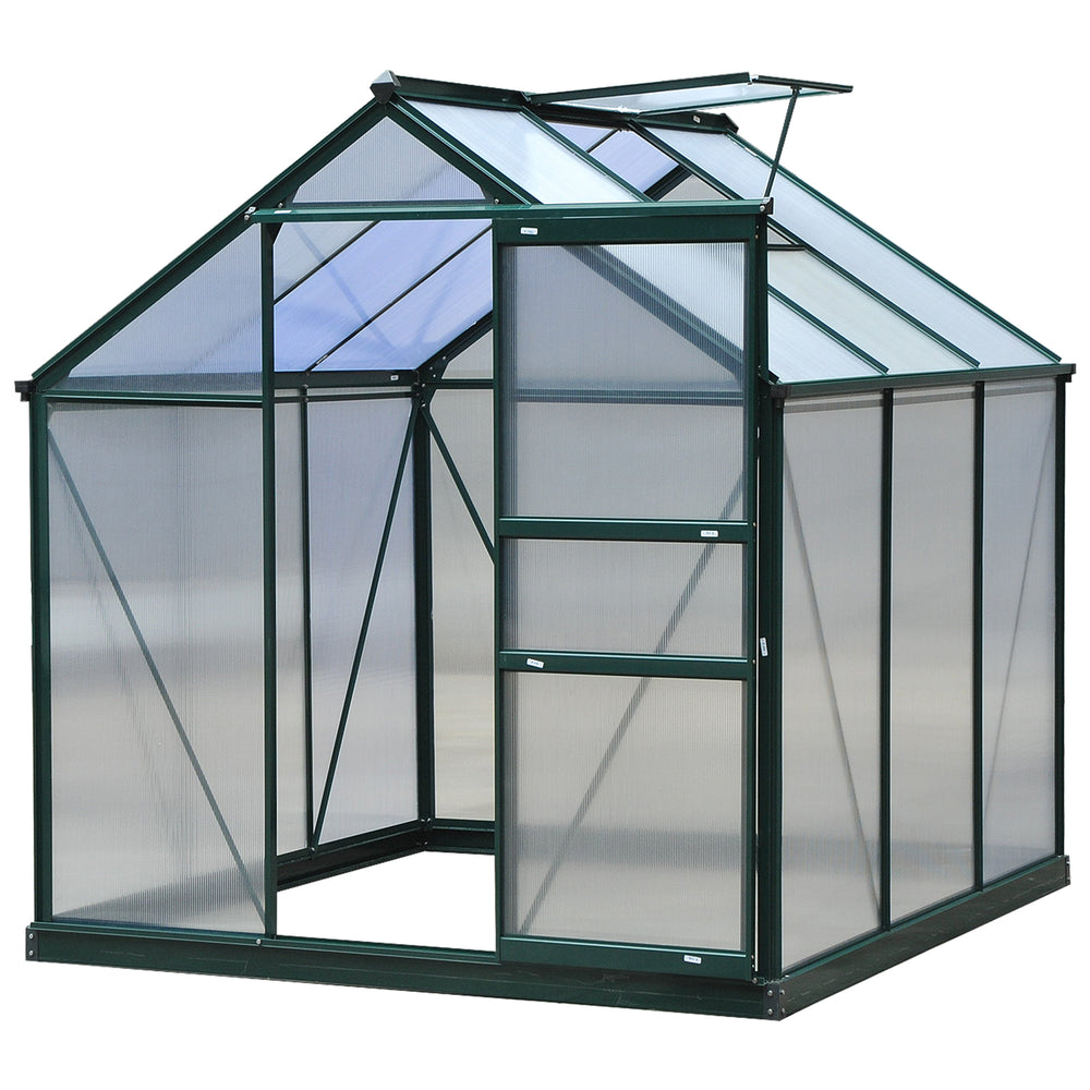 Serre de jardin polycarbonate 3,65 m² serre en aluminium pour le jardin 190 x 192 x 201 cm résistant aux UV, avec fondation renforcé, gouttière, lucarne et porte coulissant, Vert foncé