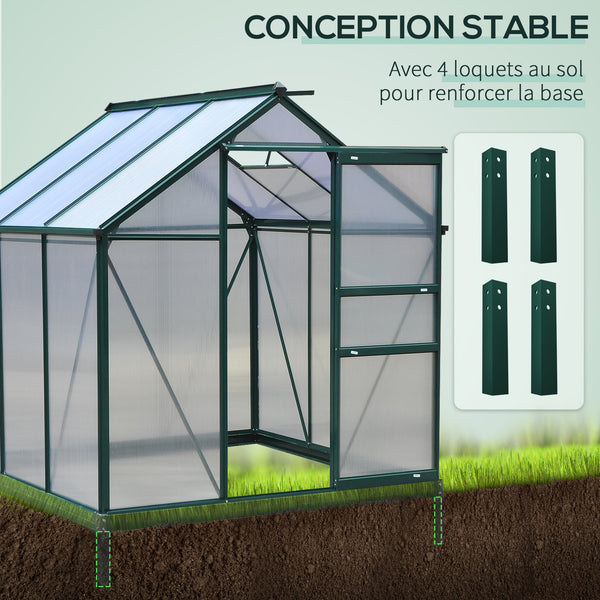 Serre de jardin polycarbonate 3,65 m² serre en aluminium pour le jardin 190 x 192 x 201 cm résistant aux UV, avec fondation renforcé, gouttière, lucarne et porte coulissant, Vert foncé