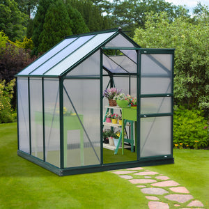 Serre de jardin polycarbonate 3,65 m² serre en aluminium pour le jardin 190 x 192 x 201 cm résistant aux UV, avec fondation renforcé, gouttière, lucarne et porte coulissant, Vert foncé