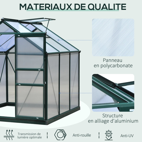 Serre de jardin polycarbonate 3,65 m² serre en aluminium pour le jardin 190 x 192 x 201 cm résistant aux UV, avec fondation renforcé, gouttière, lucarne et porte coulissant, Vert foncé