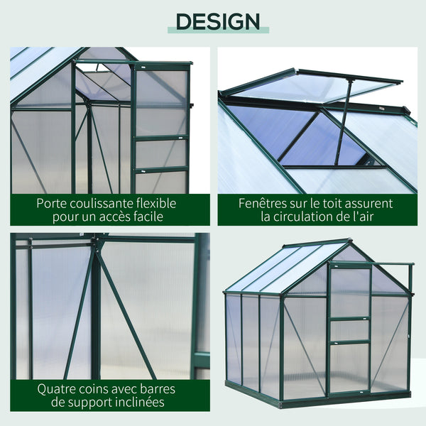 Serre de jardin polycarbonate 3,65 m² serre en aluminium pour le jardin 190 x 192 x 201 cm résistant aux UV, avec fondation renforcé, gouttière, lucarne et porte coulissant, Vert foncé
