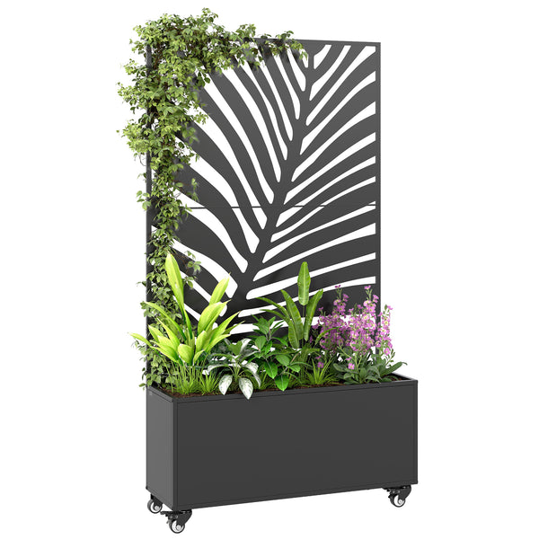 Jardinière avec treillis, bac à fleurs, lit surélevé avec brise-vue et roulettes verrouillables, pour plantes grimpantes, légumes, métal, intérieur et extérieur, 90 x 30 x 160 cm, noir